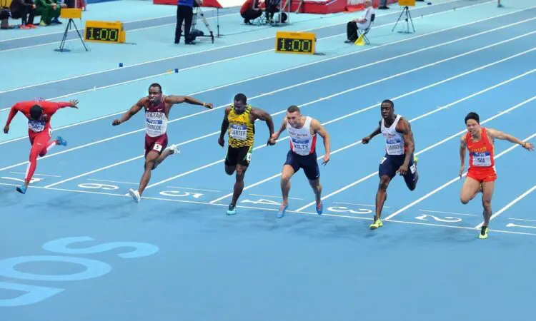 Richard Kilty wins the 60m final at Sopot 2014 (Credit: Mark Shearman)