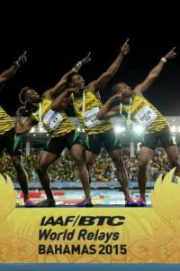 Jamaica's winning 4x200m team celebrates with Usain Bolt's signature pose on the podium