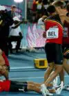 The Borlee brothers and Julien Watrin celebrate after bagging bronze in the men's 4x400m