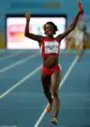 USA's Alysia Montano celebrates after winning the women's 4x800m