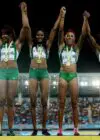 Nigeria on the podium after their win in the women’s 4x200m 