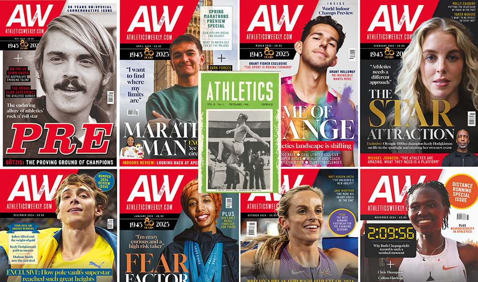 A collection of Athletics Weekly magazine front covers